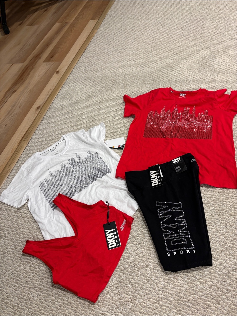 DKNY bundle Red & White Graphic Tee Set with Black Logo Shorts